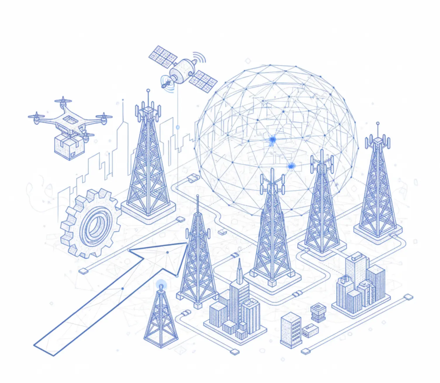 Qudo for Telecom Providers by ZenV Quantum - Communication towers, satellite and network globe for secure backbone infrastructure